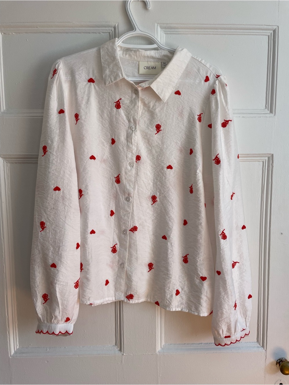 Cream | White Button-Up Blouse with Red Heart & Rose Embroidery